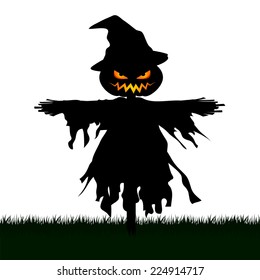 Silhouette of Scary Scarecrow in a Graveyard isolated on White Background.Halloween Concept.