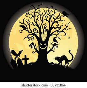 Silhouette of a scary tee. Full moon on the background.