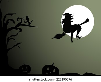 Silhouette of a scary witch flying on horn broom infront of moon with pumpkins and dry branches on horrible night scene.