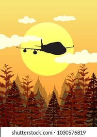 Silhouette scene with airplane flying over pine forest illustration