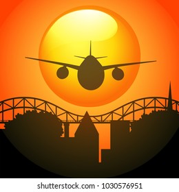 Silhouette scene with airplane flying over bridge illustration