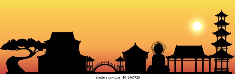 Silhouette scene with Buddha statue and temple illustration