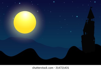 Silhouette scene of castle on fullmoon night illustration