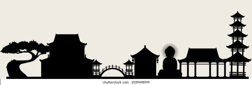 Silhouette scene with chinese building and Buddha statue illustration