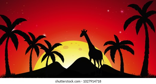 Escena de silueta con cocoteros e ilustración de la jirafa