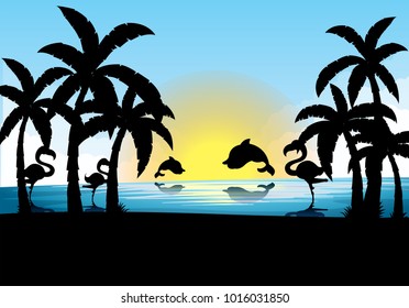 Silhouette scene with dolphin and flamingo at sunset illustration