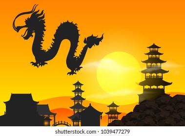 Silhouette scene with dragon and temple illustration
