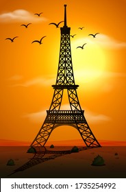 Silhouette scene with eiffel tower at sunset illustration