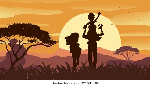 Silhouette scene with family in the park illustration