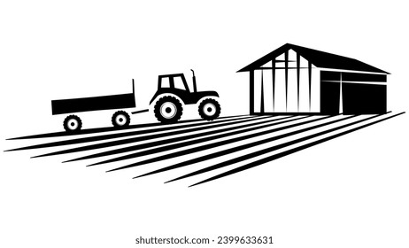 Silhouette scene from farm life with barn and tractor isolated on white background. Vector rural clipart.