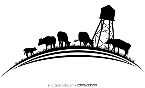 Silhouette scene from farm life with fields and cows on rounded land isolated on white background. Vector rural clipart.