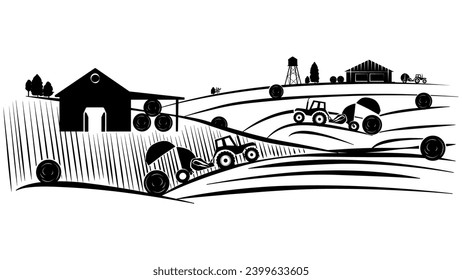 Silhouette scene from farm life with fields, barns and machinery isolated on white background. Vector rural clipart.