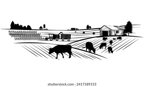 Silhouette scene from farm life with fields, barns and cows isolated on white background. Vector rural clipart.