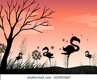 Silhouette scene with flamingo in the field illustration