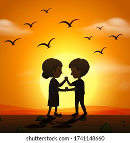 Silhouette scene with love couple holding hands at sunset illustration