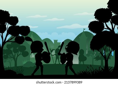 Silhouette scene with medieval illustration