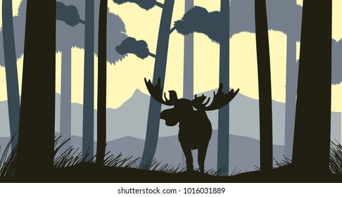 Silhouette scene with moose in forest illustration