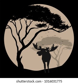 Silhouette Scene Moose Fullmoon Night Illustration Stock Vector ...