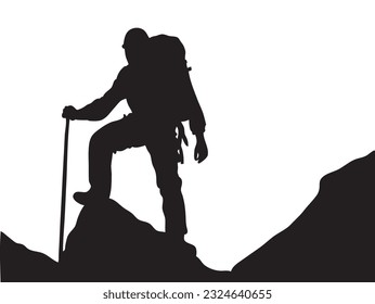 silhouette scene for a mountains climber adventurer vector art design symbol of winning 