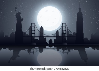 Silhouette scene with New York at night time illustration