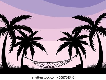 Silhouette scene with palm trees and net