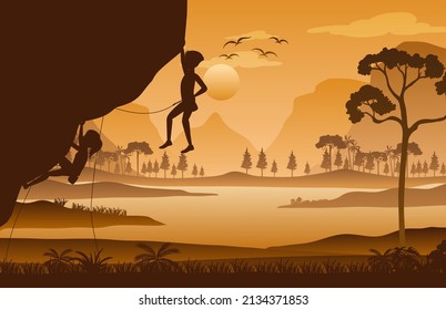 Silhouette scene with people climbing rock illustration