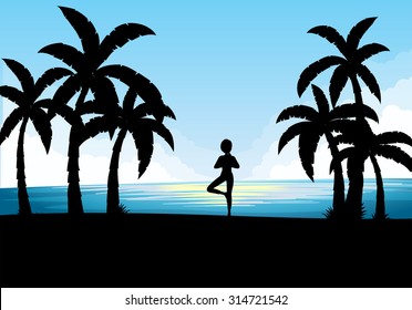Silhouette scene with person doing yoga illustration