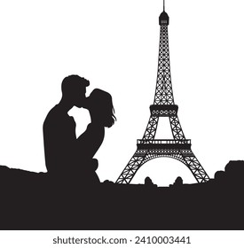 Escena de silueta de una pareja romántica besándose frente a la Torre Eiffel. Lugar emblemático en París, Francia.