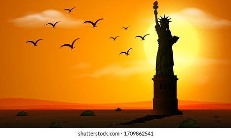 Silhouette scene with statue of liberty at sunset illustration