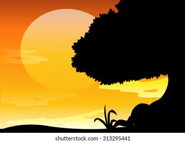 Silhouette scene at sunset illustration