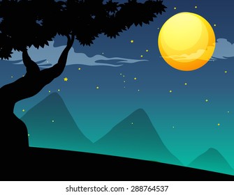 Silhouette scene with tree at night of the fullmoon