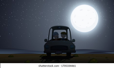 Silhouette scene wtih people driving at night time illustration