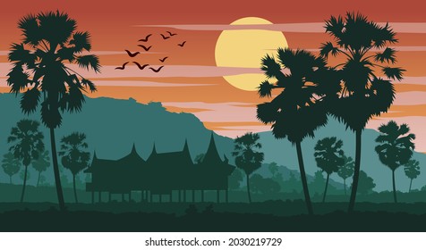 Silhouette scenery of country landscape of Asia on tropical area with palm trees and the house on sunset time,vector illustration
