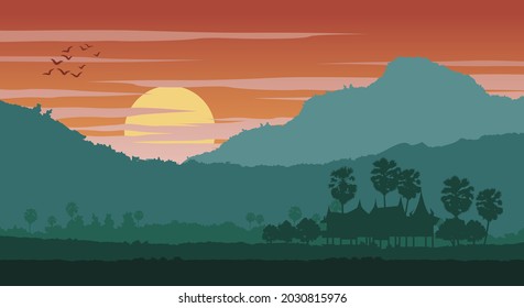 Silhouette Scenery Of Country Landscape Of Asia On Tropical Area With Palm Trees And The House On Sunset Time,vector Illustration