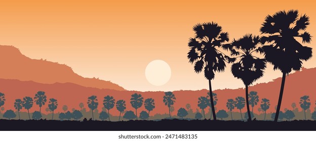 Silhouette scenery of country landscape of Asia on tropical area with palm trees,vector illustration