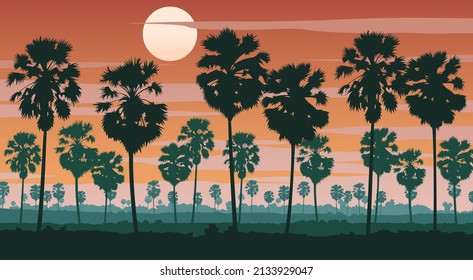 Silhouette scenery of landscape of Asia on tropical area with palm tree forest,vector illustration