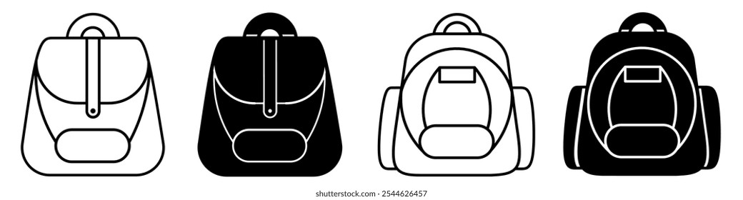 Silhueta da ilustração do ícone da bolsa de escola no fundo branco. Ícone de saco escolar ajustado para negócios. Vetor de estoque.