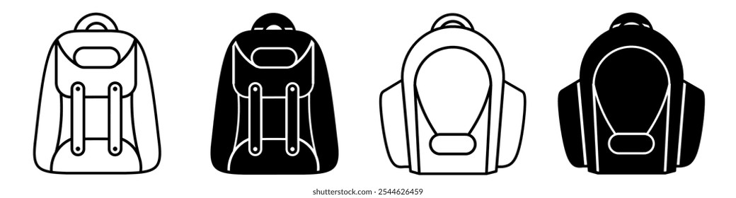 Silhueta da ilustração do ícone da bolsa de escola no fundo branco. Ícone de saco escolar ajustado para negócios. Vetor de estoque.