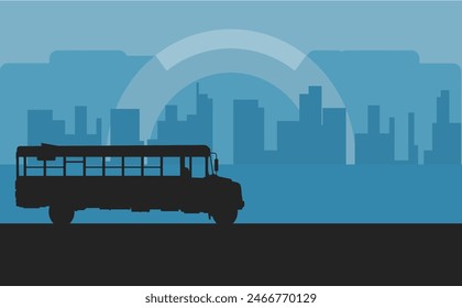 Silueta de un autobús escolar con el fondo de la ciudad. Anuncio, fondo con espacio en blanco para texto