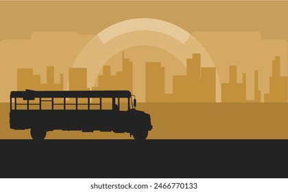 Silueta de un autobús escolar con el fondo de la ciudad. Anuncio, fondo con espacio en blanco para texto