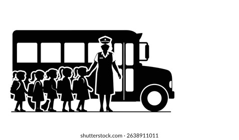 Silhouette: School Bus Driver with Children Boarding Bus
