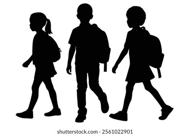 Silhouette of School Children Walking with Backpacks