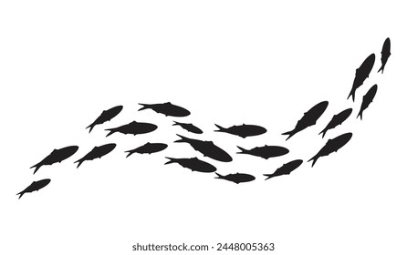 Silhouette of a school of fish, diagonal wavy school of fish on a white background.