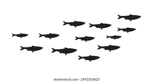 Silhouette of a school of fish, isolated on a white background.