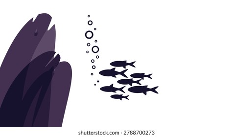 Silhouette of a school of small fish swimming together near a large purple rock formation with bubbles rising in the deep ocean water scene.