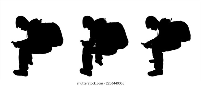 Silhouette of a schoolboy with a backpack and holding a mobile phone. A young man with a backpack and cell phone in hand. The teenager is sitting. Set of black silhouettes isolated on white background