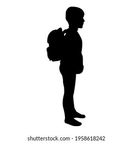 Silhouette schoolboy with backpack pupil stand carrying on back going to school concept come back to school idea education preschooler rucksack first september start lessons knapsack side view black 