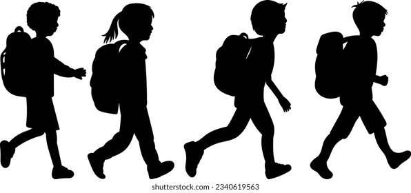 silhouette schoolchildren go to school, children with backpacks vector