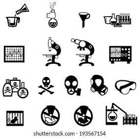 Silhouette science, chemical chemistry laboratory with animal sample experiment, physics and engineering tool icon security sign set 2, create by vector