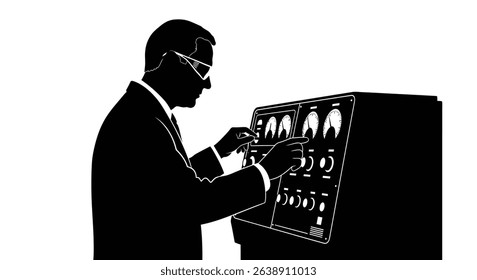 Silhouette: Scientist Adjusting Dials on Lab Machine